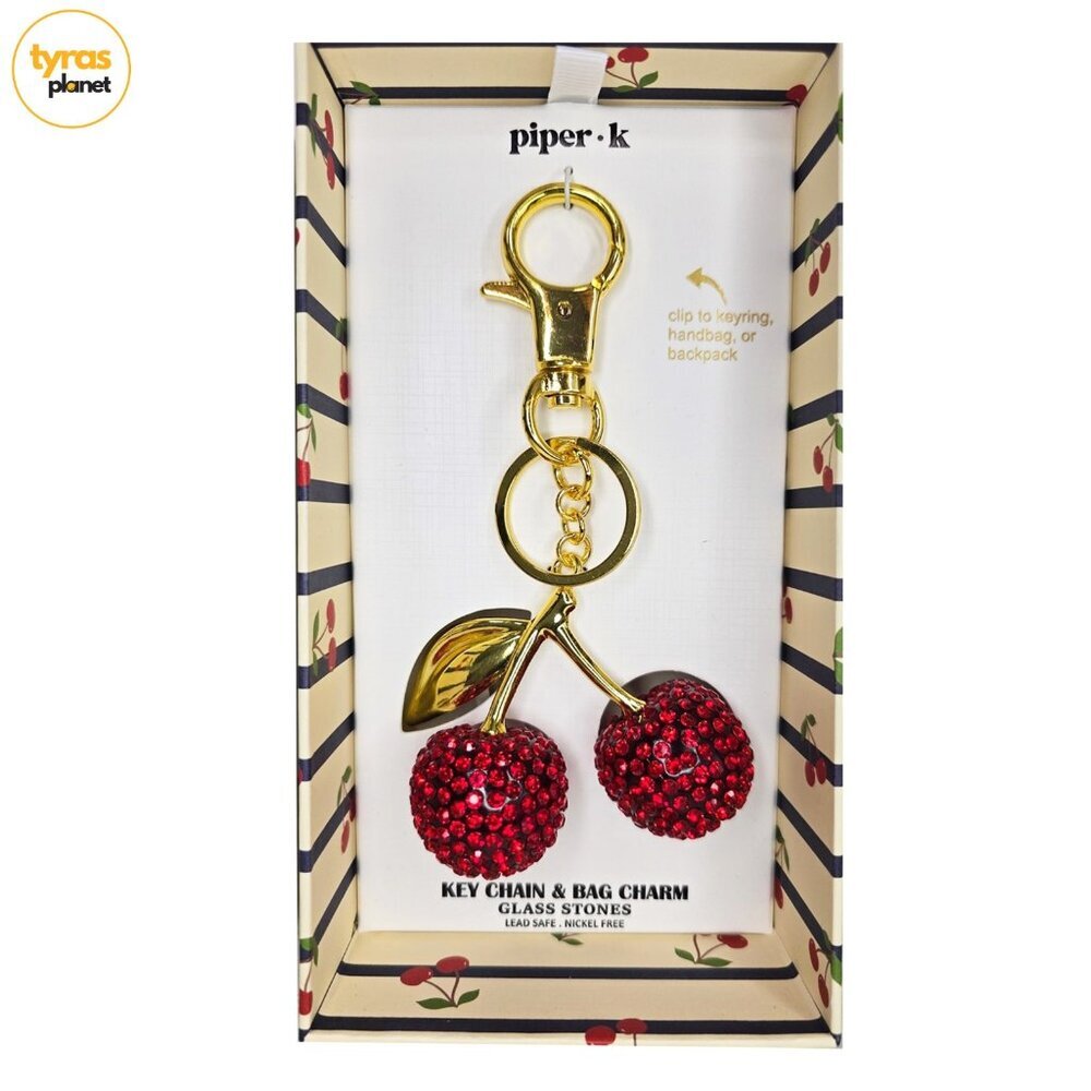Piper K Cherries Glass‎ Stone Bag Charm and Key Chain Accessory - NEW